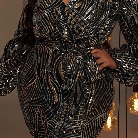 Sequin V Neck Long Sleeve Bodycon Dress - Picture 4 of 5